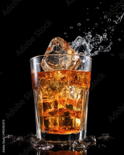 Glass filled with whiskey, ice cubes, and a refreshing water splash. Perfect for beverage advertisements, bar menus, and social media posts. Generative AI