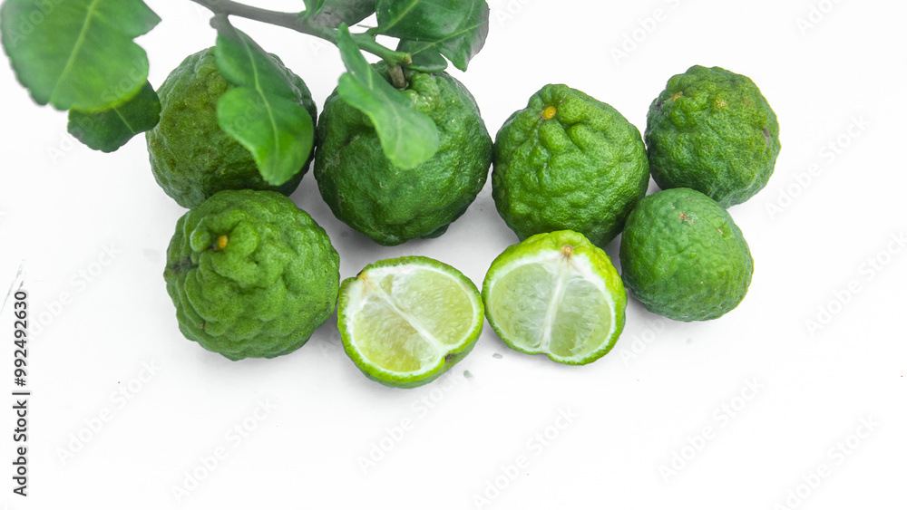 Fototapeta premium Citrus hystrix DC or kaffir lime or bergamot whole on isolated white background
