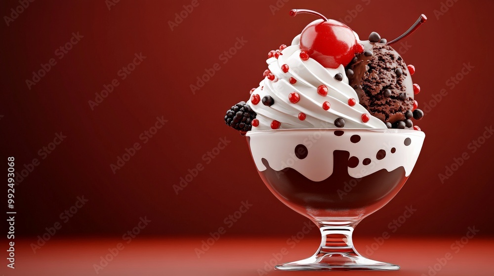 Chocolate Cherry Sundae: A decadent chocolate sundae with whipped cream and a bright red cherry, topped with chocolate sauce and sprinkles, on a red background. Chocolate Cherry Sundae: A decadent chocolate sundae with whipped cream and a bright red cherry, topped with chocolate sauce and sprinkles, on a red background.