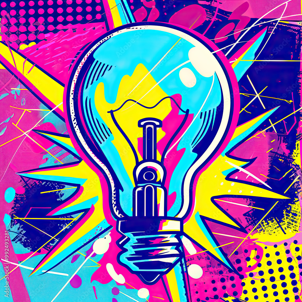A vivid pop-art lightbulb with exaggerated glow, framed by dynamic geometric patterns.