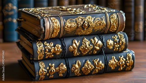 Timeless collection of antique leather-bound books adorned with intricate gold detailing