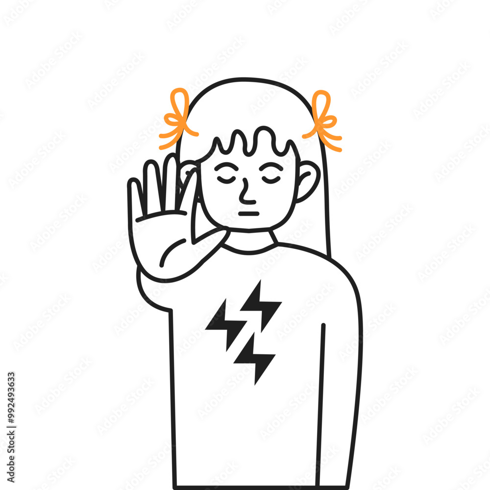Little girl with closed eyes showing stop gesture color line vector icon. Child saying no to violence and discrimination character illustration Little girl with closed eyes showing stop gesture color line vector icon. Child saying no to violence and discrimination character illustration