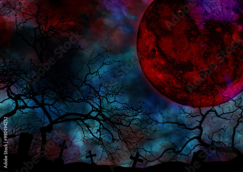地獄の青い星空に浮かぶ不気味な満月