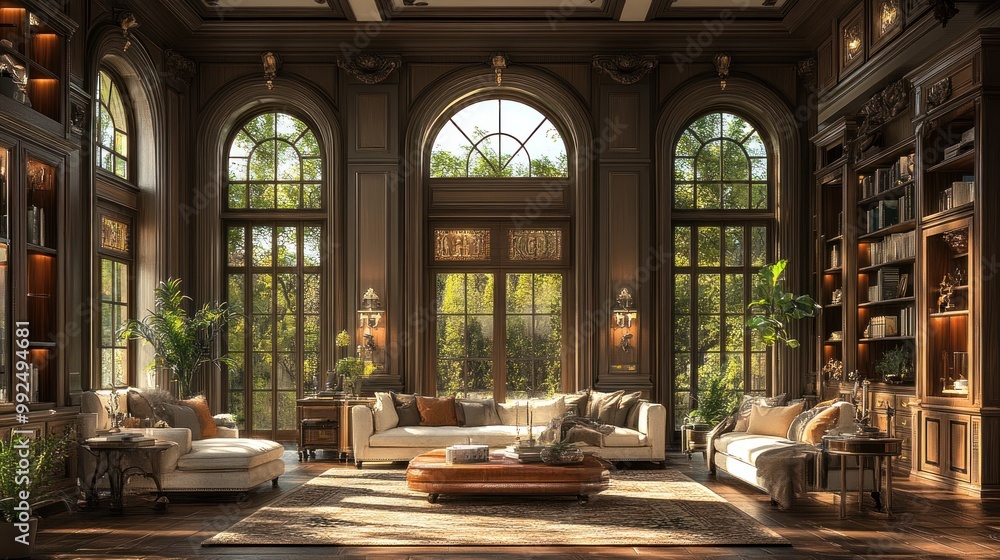 Elegant living room with large windows and cozy furnishings. Elegant living room with large windows and cozy furnishings.