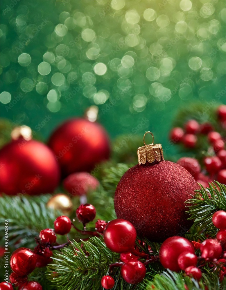 Classic red and green Christmas background with depth of field for a festive holiday spirit Classic red and green Christmas background with depth of field for a festive holiday spirit