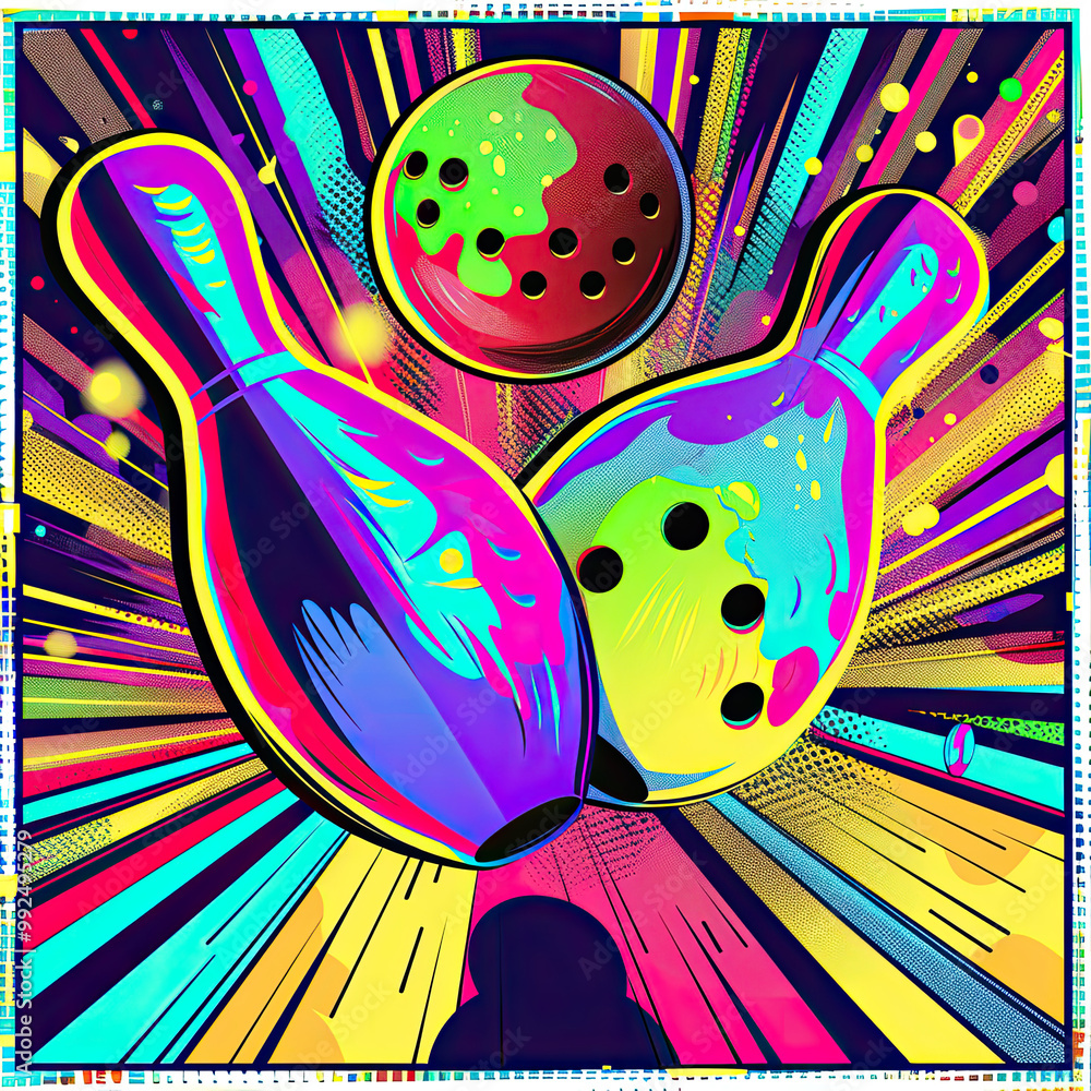 A dynamic diagonal view of a bowling ball hitting pins, highlighted by vivid halftone patterns and bold lighting.