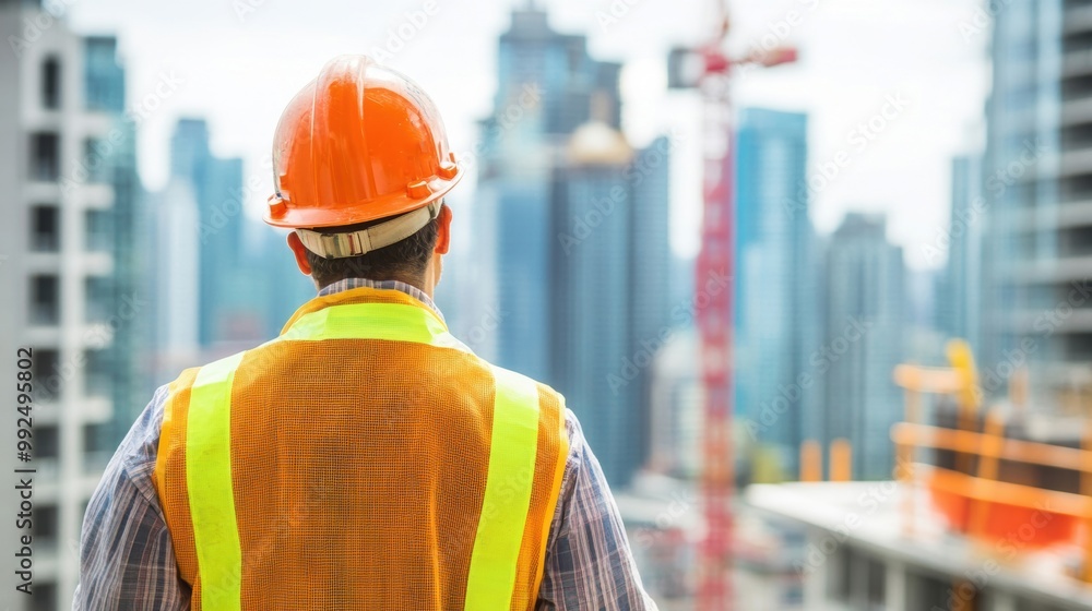 A construction worker in a hard hat and safety vest supervises the skyline filled with skyscrapers and construction cranes A construction worker in a hard hat and safety vest supervises the skyline filled with skyscrapers and construction cranes