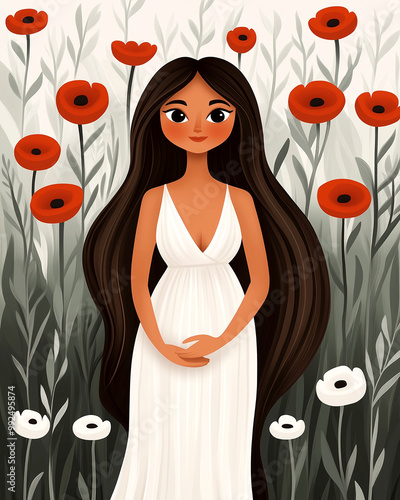 A woman in a white dress stands in front of a field of red flowers. The flowers are arranged in a way that they surround her, creating a sense of intimacy and serenity