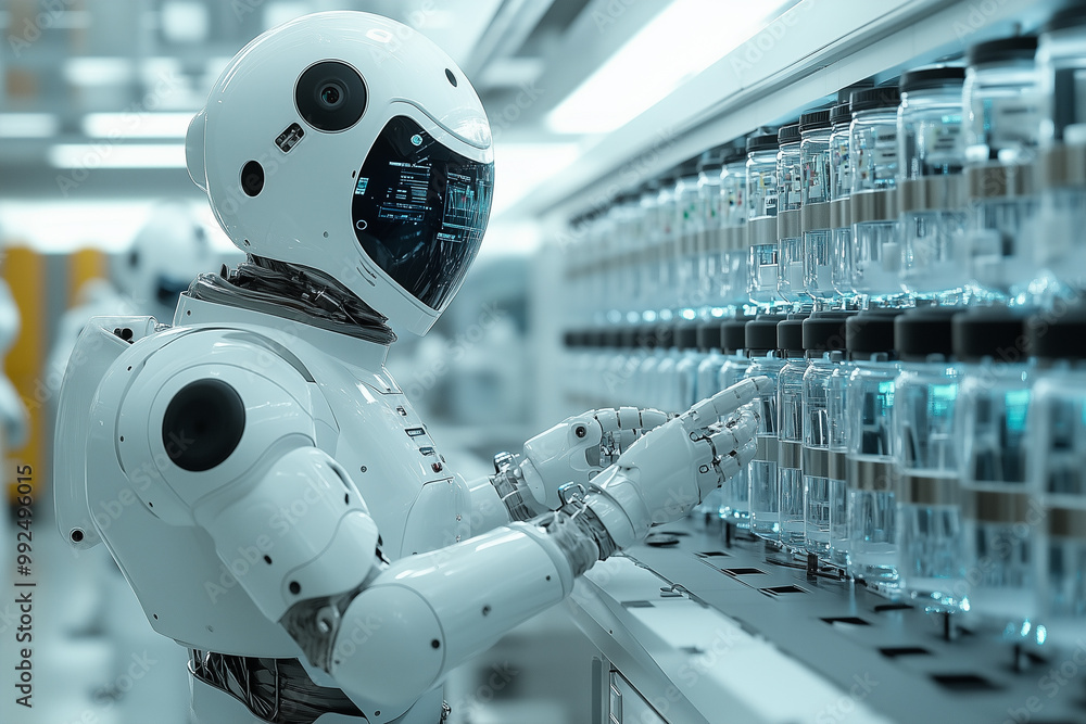 A healthcare lab using AI-powered automation, where robots handle samples and perform precise lab tests. A healthcare lab using AI-powered automation, where robots handle samples and perform precise lab tests.