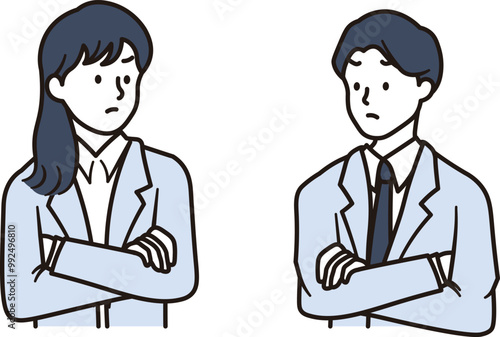 怒っているアジア人ビジネスウーマンとビジネスマンのイラスト素材
