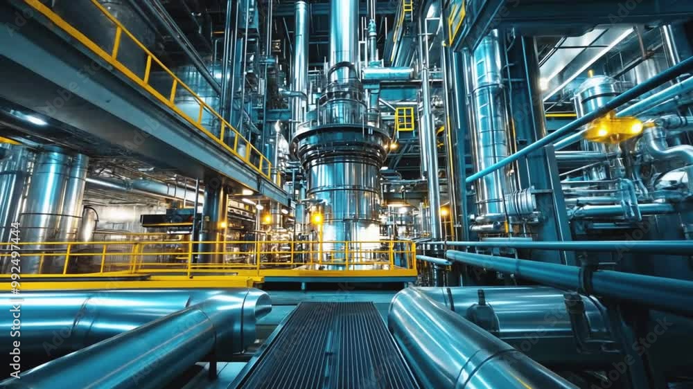 Industrial interior with complex pipe network and catwalks. Industrial interior with complex pipe network and catwalks.