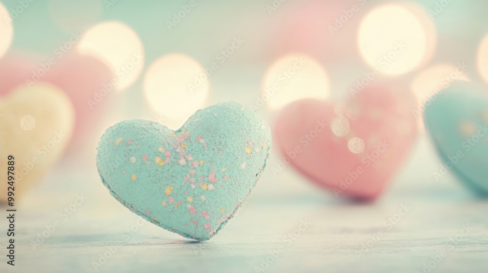 Delicate pastel hearts are showcased in soft hues, beautifully blurred by twinkling orbs of light in the background Delicate pastel hearts are showcased in soft hues, beautifully blurred by twinkling orbs of light in the background