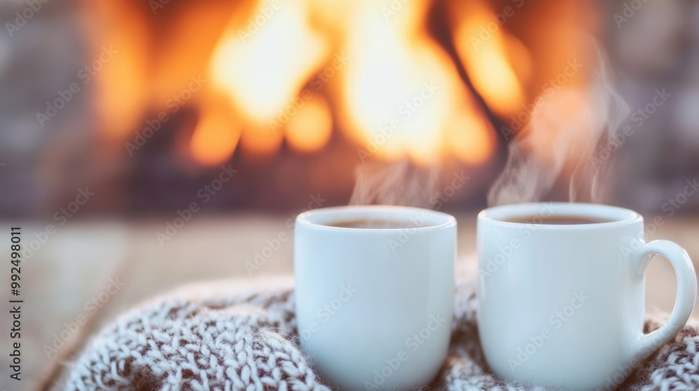 Two steaming cups of tea rest on a soft blanket beside a crackling fireplace, creating a warm and inviting atmosphere Two steaming cups of tea rest on a soft blanket beside a crackling fireplace, creating a warm and inviting atmosphere