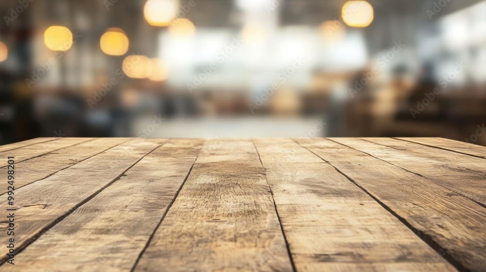 The wooden table is vacant, surrounded by an out-of-focus warehouse backdrop that conveys a rustic, industrial atmosphere The wooden table is vacant, surrounded by an out-of-focus warehouse backdrop that conveys a rustic, industrial atmosphere