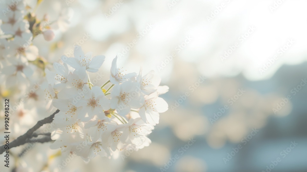 White cherry blossoms elegantly bloom on a branch, showcasing their delicate petals in the warm light of spring White cherry blossoms elegantly bloom on a branch, showcasing their delicate petals in the warm light of spring