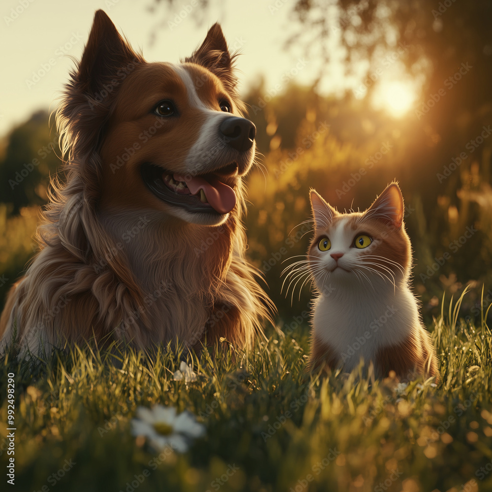 Close-up of a happy dog and a cat sitting together on a grassy field, soft afternoon sunlight, focus on the animals' expressions, playful and heartwarming mood Close-up of a happy dog and a cat sitting together on a grassy field, soft afternoon sunlight, focus on the animals' expressions, playful and heartwarming mood