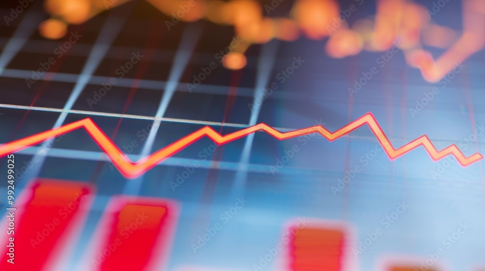 Close-up of digital screen showing downward-trending line graph symbolizing rate cut in financial markets, clean background for copy space, professional financial analysis concept. Close-up of digital screen showing downward-trending line graph symbolizing rate cut in financial markets, clean background for copy space, professional financial analysis concept.