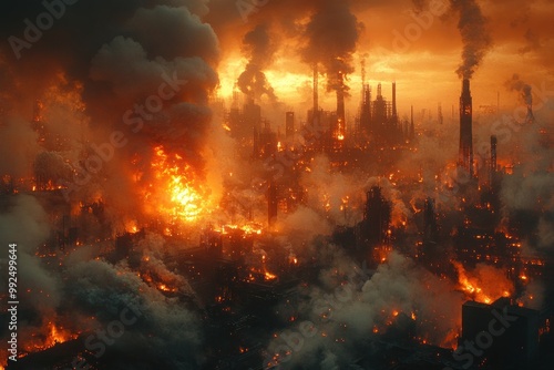 A dystopian city engulfed in flames and smoke, a fiery sunset in the background.