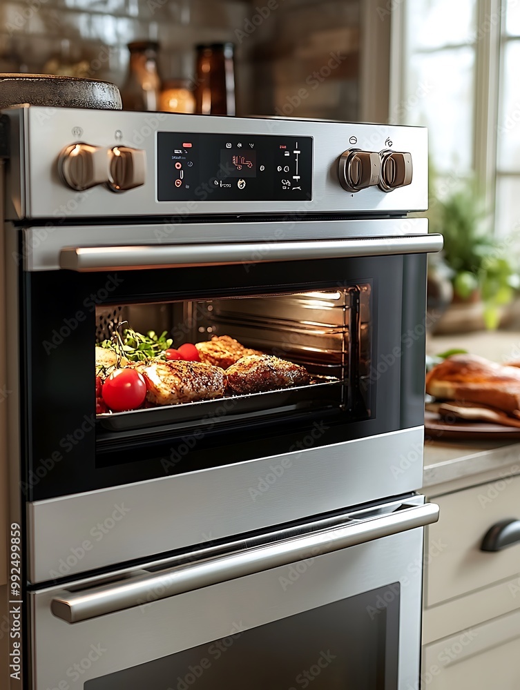 Smart Oven: A sleek, stainless steel smart oven with a touchscreen interface displaying cooking options. It has built-in cameras for monitoring food, voice control compatibility, and a variety of pres Smart Oven: A sleek, stainless steel smart oven with a touchscreen interface displaying cooking options. It has built-in cameras for monitoring food, voice control compatibility, and a variety of pres