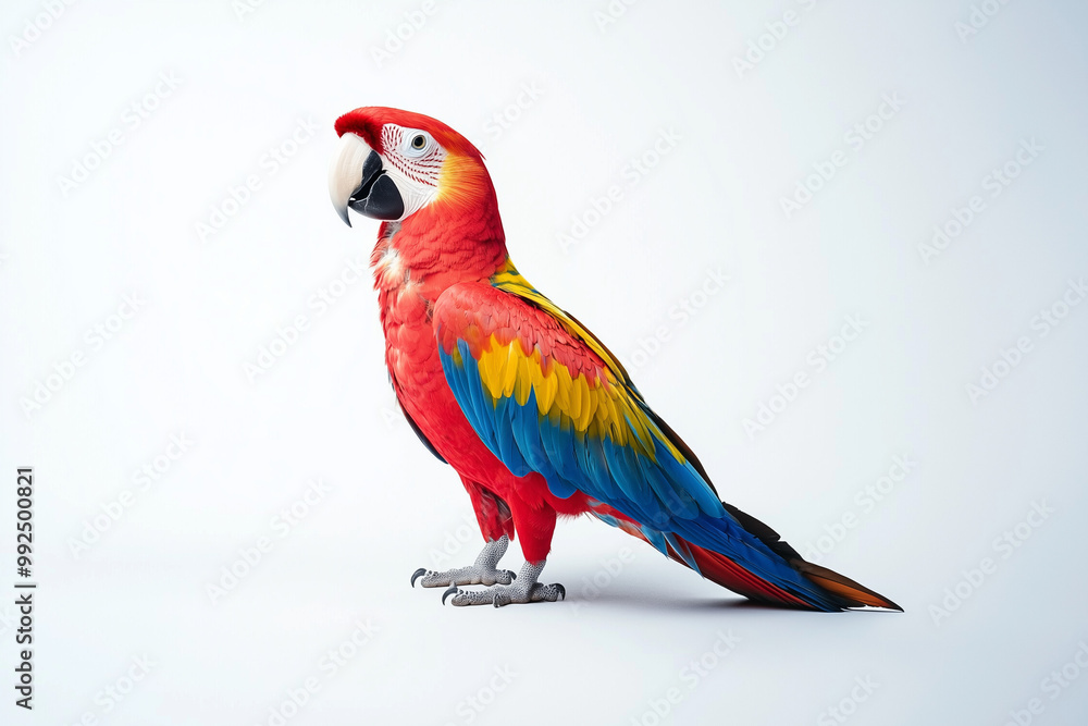 Fototapeta premium Scarlet Macaw A vibrant scarlet macaw perched on a plain background.