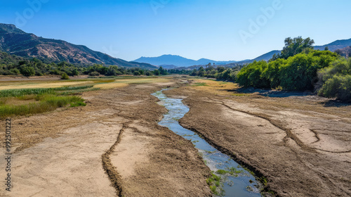 A serene landscape with a dry riverbed next to a lush, well-watered area, highlighting the contrast and urgency of water conservation efforts.