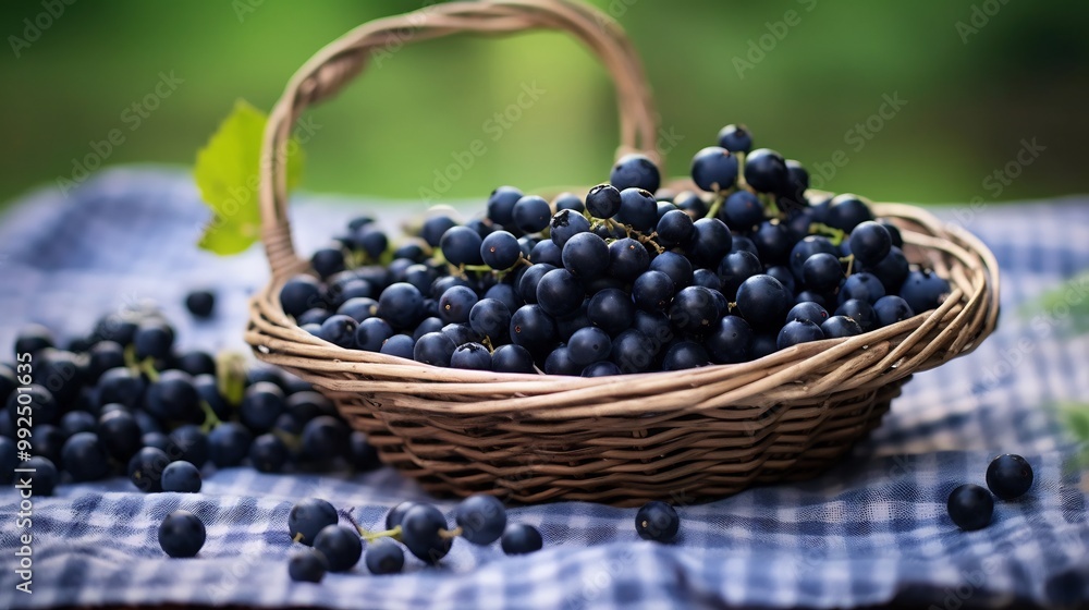 Closeup of freshly picked blackcurrant fruits arranged woven basket picnic blanket the countryside softly blurred in the background evoking the charm of summer harvests Scientific name Ribes nigrum Closeup of freshly picked blackcurrant fruits arranged woven basket picnic blanket the countryside softly blurred in the background evoking the charm of summer harvests Scientific name Ribes nigrum