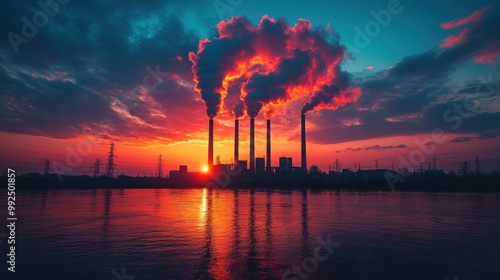 Industrial plant with smoke stacks emitting pollution into the air at sunset over a river.