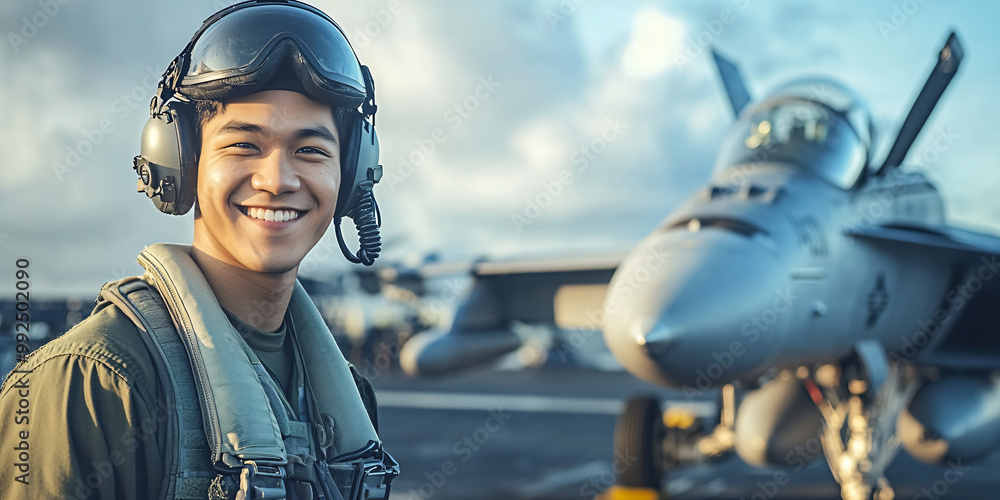 A smiling pilot wearing a helmet and headset stands in front of a fighter jet on the deck of an aircraft carrier. A smiling pilot wearing a helmet and headset stands in front of a fighter jet on the deck of an aircraft carrier.