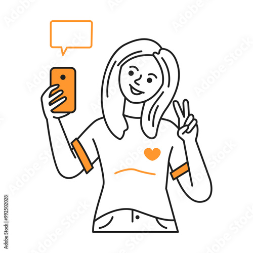 Young woman shows peace gesture making selfie on smartphone color line vector icon. Smiling lady poses for photo character illustration