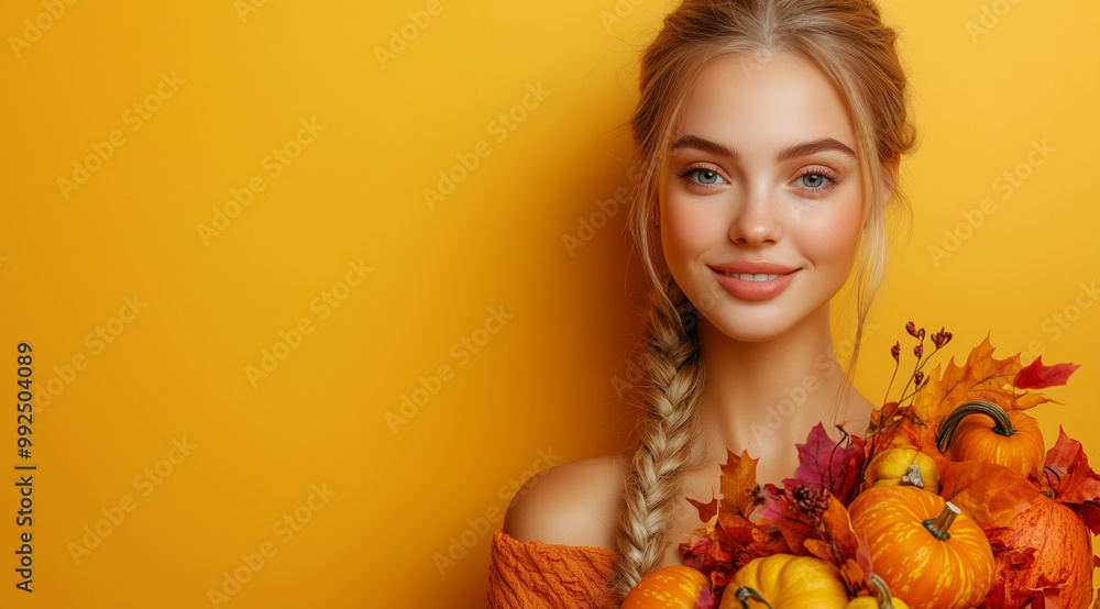 Fototapeta premium Young girl with pumpkins and yellowed leaves, created with Generative AI technology.
