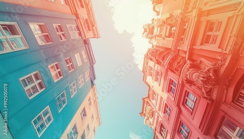 Gentle gradient backdrop from peach to mint, worm's-eye view of historic buildings under open sky, room for copy