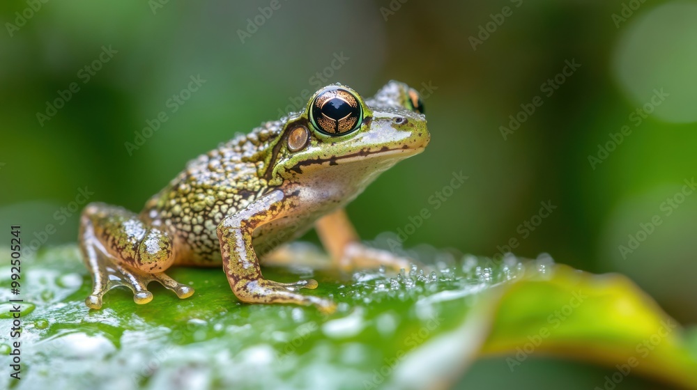 A green frog perches on a leaf, surrounded by glistening dew in a vibrant rainforest, capturing the tranquility of nature A green frog perches on a leaf, surrounded by glistening dew in a vibrant rainforest, capturing the tranquility of nature