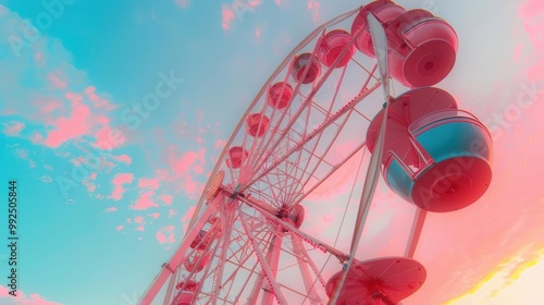 Pastel gradient backdrop from pink to blue, worm's-eye view of ferris wheel, ample sky for text photo