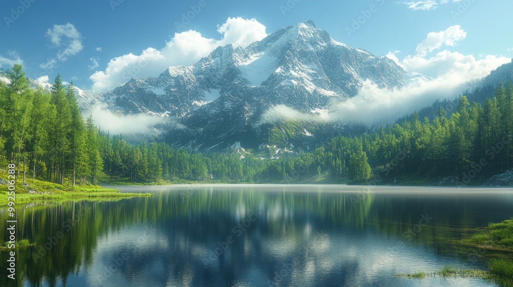 Naklejka premium Serene mountain landscape reflecting in a tranquil lake.