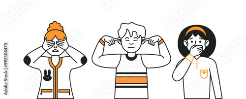Kids covering ears eyes and mouth vector icons set. Children demonstrate blindness deafness and silence characters on white background