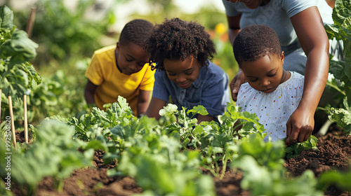 A family planting a vegetable garden together, teaching children the value of agriculture and nurturing the environment. -