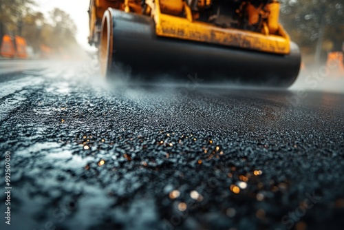 Close-up of a steamroller compacting fresh asphalt on a road construction site.