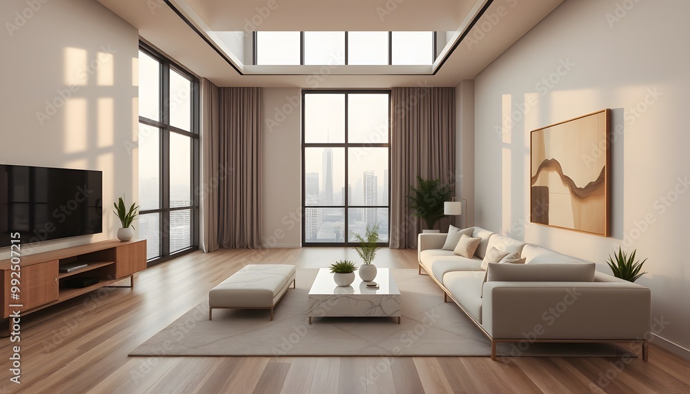 Modern Living Room with City View and Minimalist Decor Modern Living Room with City View and Minimalist Decor