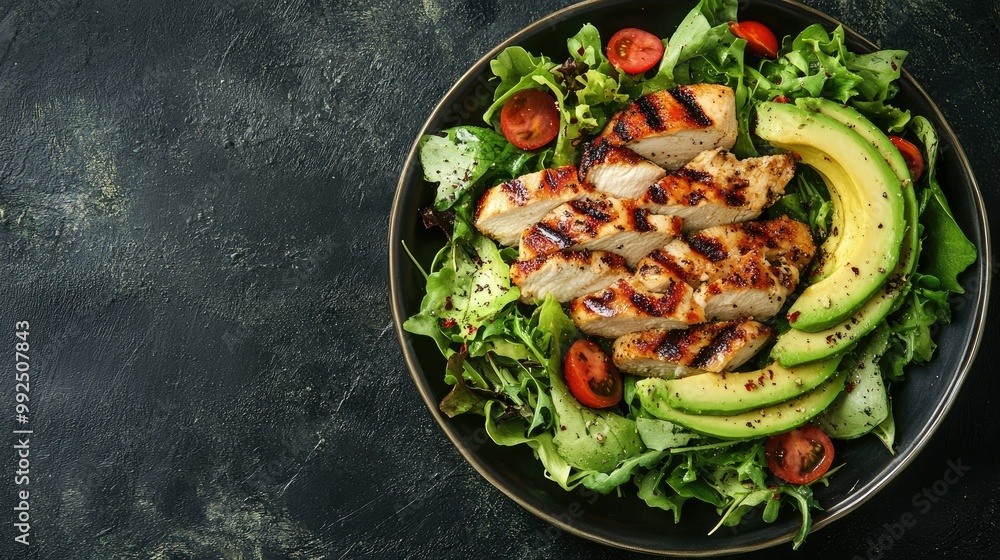 A green salad with grilled chicken and avocado slices, top view, weight loss diet, no people, with copy space A green salad with grilled chicken and avocado slices, top view, weight loss diet, no people, with copy space