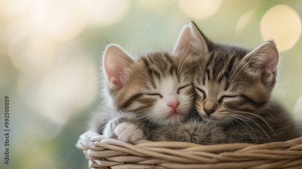 Fototapeta premium A pair of kittens snuggled together in a basket, soft blurred background with copy space.