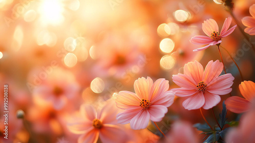 Flowers in soft bloom, gently swaying in a tranquil garden, bathed in the warm glow of a golden sunset.