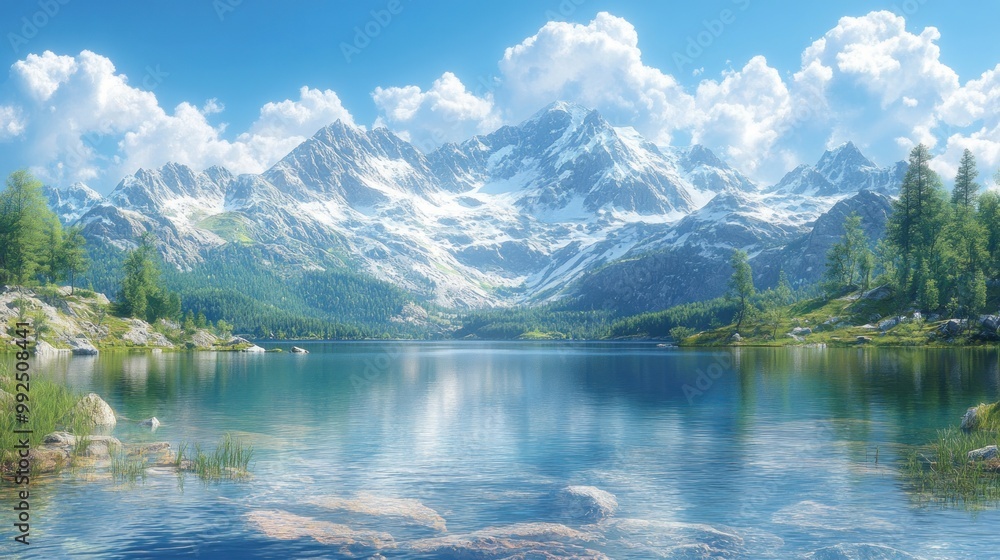 Fototapeta premium Serene mountain landscape with a calm lake and vibrant greenery.