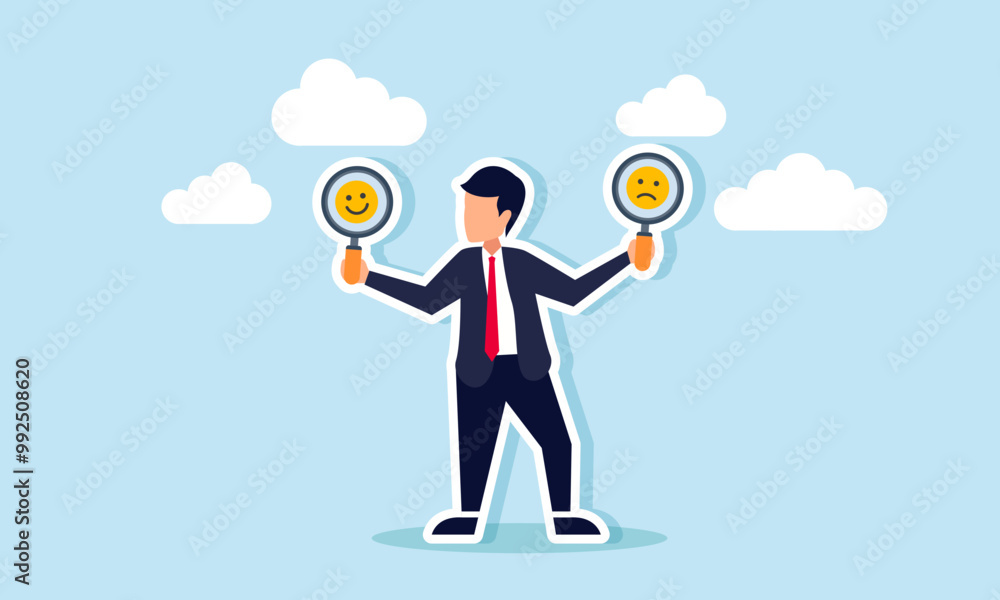 A businessman carrying two boards with smiley and sad emoticons, an illustration that every issue carries two risks: receiving praise or criticism and disappointment. A businessman carrying two boards with smiley and sad emoticons, an illustration that every issue carries two risks: receiving praise or criticism and disappointment.