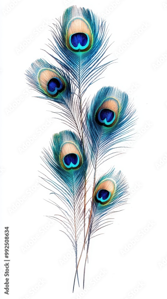 Obraz premium Vibrant Peacock Feathers Isolated on White Background Showcasing Iridescent Colors and Intricate Patterns