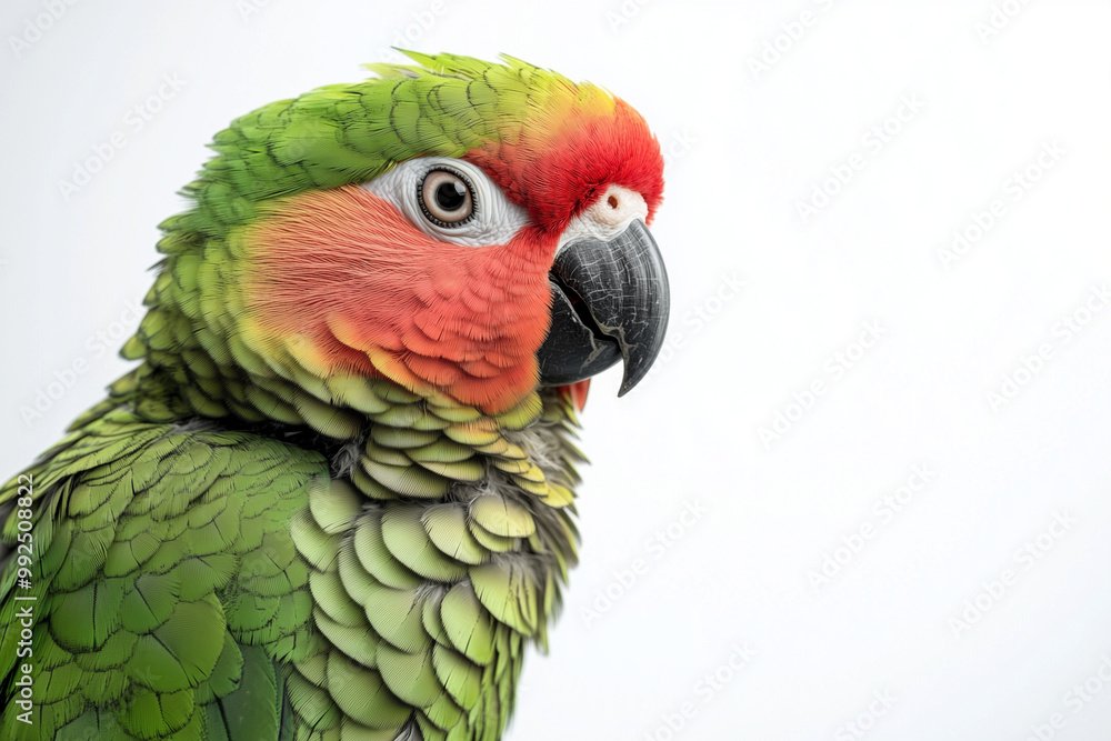 Fototapeta premium Green Parrot Close-Up Close-up of a green parrot with detailed feather texture.