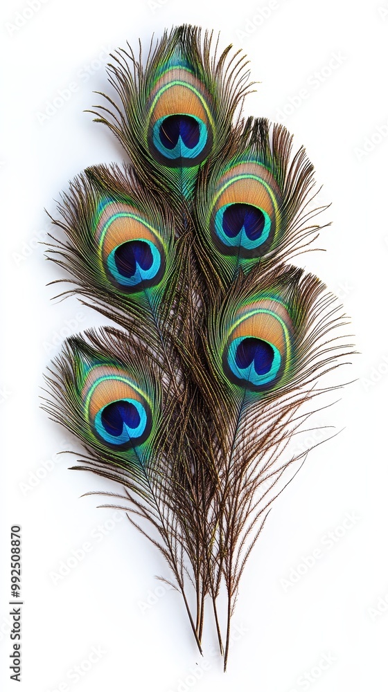 Fototapeta premium Vibrant Peacock Feathers Displayed in a Fan Shape on a White Background