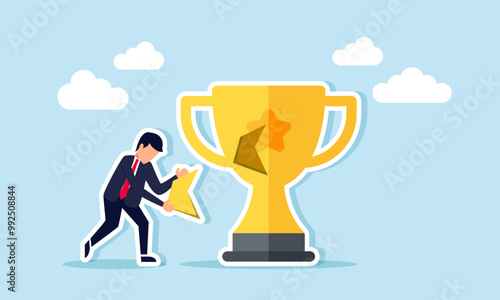 A sad and disappointed businessman carrying broken pieces of a trophy, an illustration of a businessperson's or employee's reputation damaged by their own mistakes.
