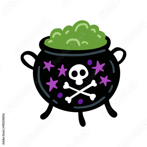 Halloween witches violet cauldron with poison potion isolated on white background. Vector Illustration of a Witch Cauldron.