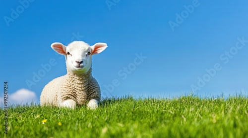 Adorable lamb sitting in a grassy meadow, blue sky background with wide copy space.