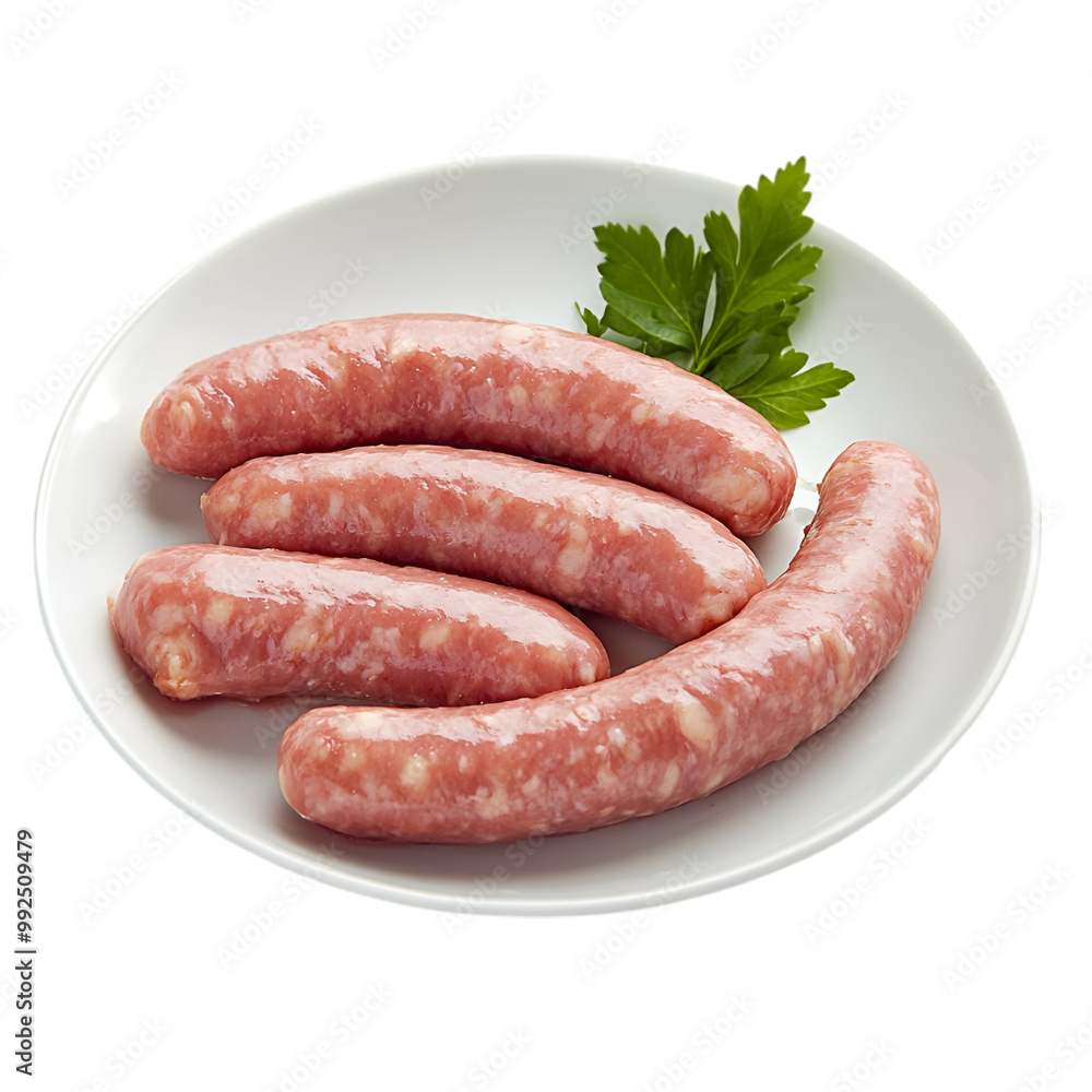 juicy grilled sausages with grill marks sprinkled with fresh herbs on white and transparent background. PNG cutout. juicy grilled sausages with grill marks sprinkled with fresh herbs on white and transparent background. PNG cutout.